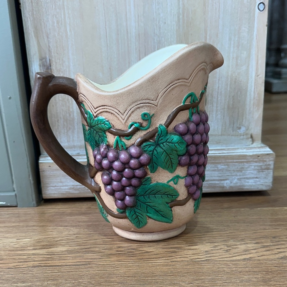 Vintage 1965 Grape Vine Ceramic Pitcher - Brown and Green